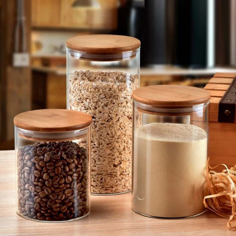 New Glass Jar With Bamboo Lid Sealed Canister Food Storage Bottles Container Storage  Snacks Storage Bottles Candy Storage Jars