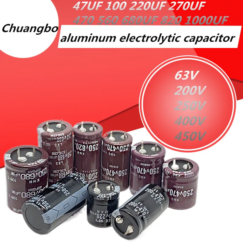 Wysokiej jakości aluminiowy kondensator elektrolityczny 63V 200V 250V 400V 450V 47 56 100UF 150 220 270 330 390 470 560 680 820 1000 3300UF