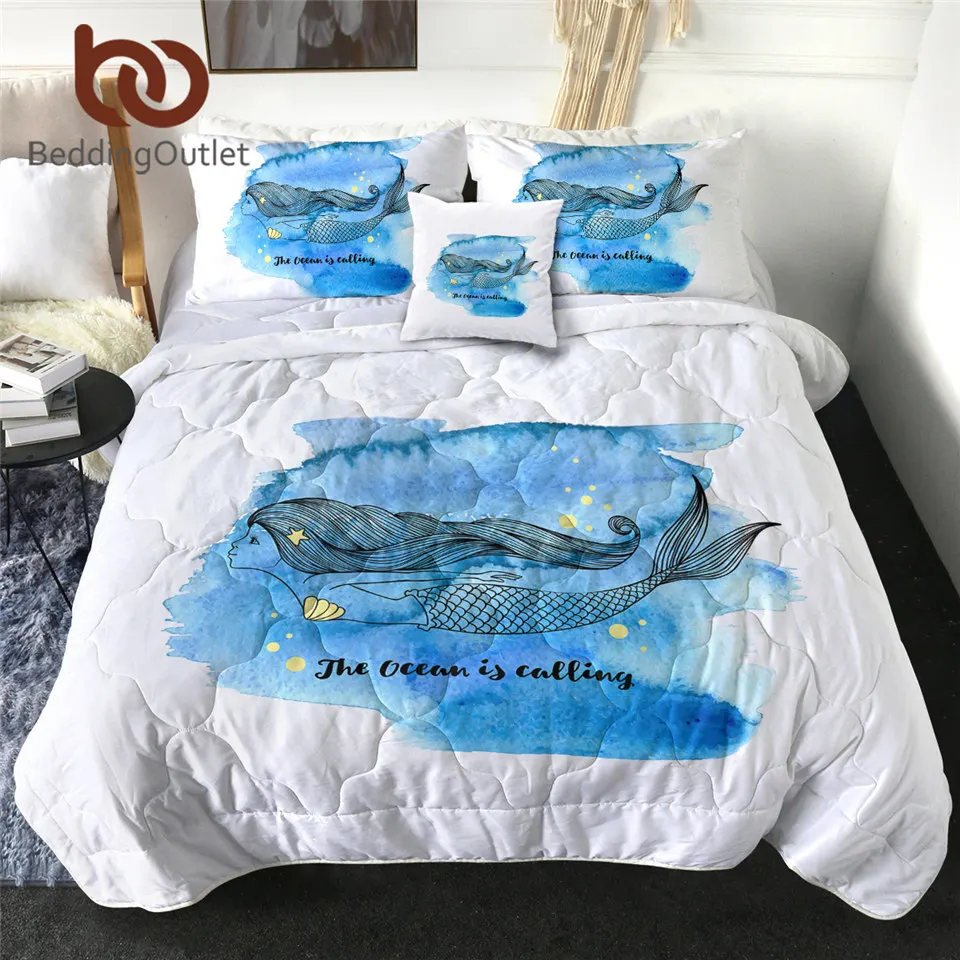 

BeddingOutlet Mermaid Thin Quilt Beauty Summer Blanket Sea Water Soft Bedspread Shell Comforter Set Blue Cartoon Colcha 4pcs