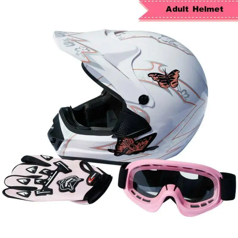 DOT Adult Pink Butterfly Dirt Bike ATV Helmet Full Face Motocross Motorcycle w/ Goggle Gloves