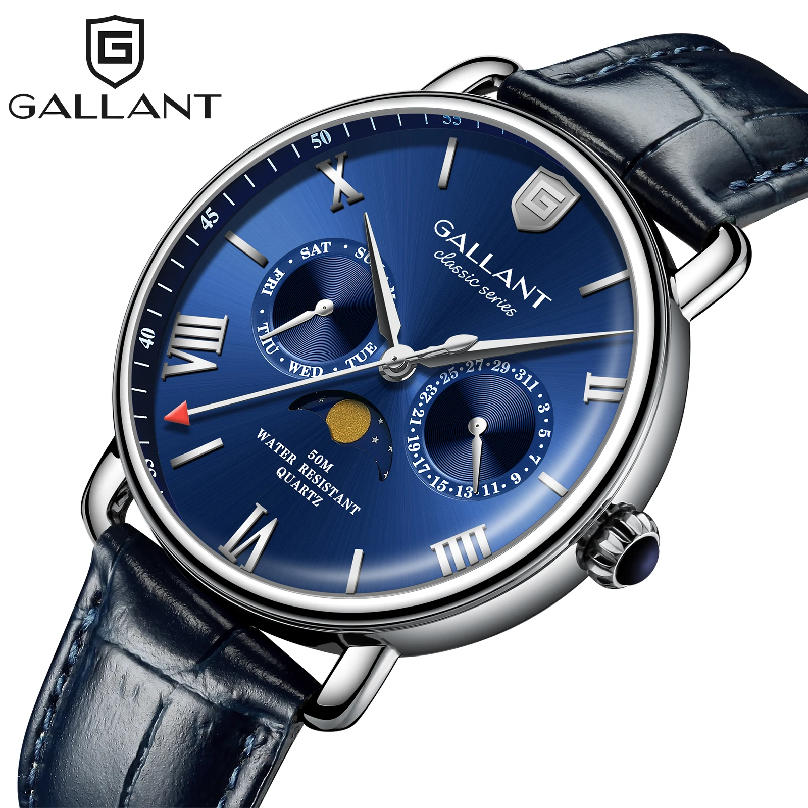 

GALLANT Mens Watch Luxury Quartz Watches Leather Wristwatch Moon Phase Waterproof Dress Watch for Men Fashion Relogio Masculino