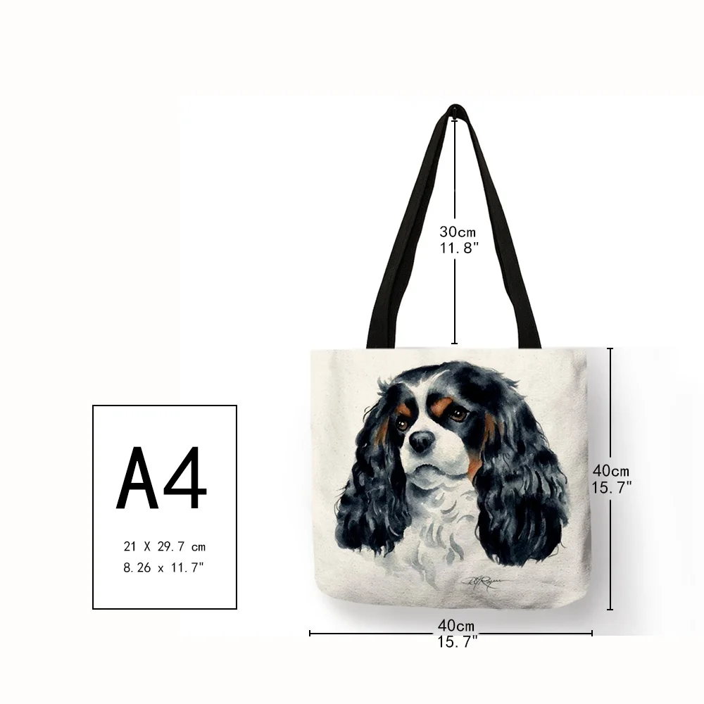 Kawaii Puppies Charles Spaniel Dog Oil Painting Print Women Handbag Casual Shoulder Bags For School Work Reusable Shopping Tote