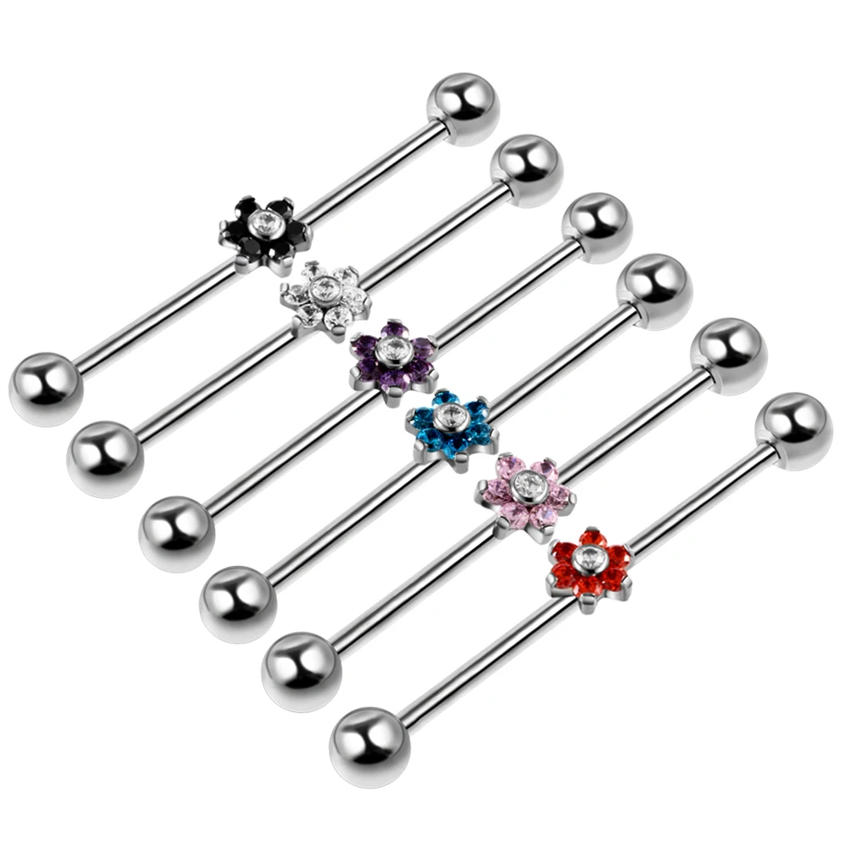 1Pc G23 Titanium Long Industrial Barbell Rings 14G Tongue Ear Nipple Straight Barbell Ring Cartilage Earring Helix Body Piercing