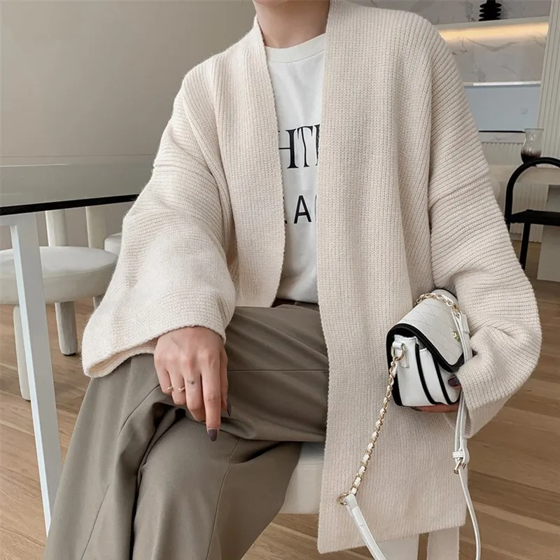 [ZAYAU]Women\'s Spring and Autumn New Lapel Off Shoulder Loose Sweater Simple Bathrobe Wind Belt Sweater Coat