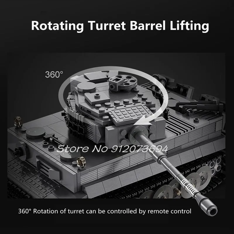 Máquinas militares da segunda guerra mundial tigre tanque de controle remoto diy quebra-cabeça blocos de construção 360 °   Modelo de tanque RC de barril de elevação de torre de rotação