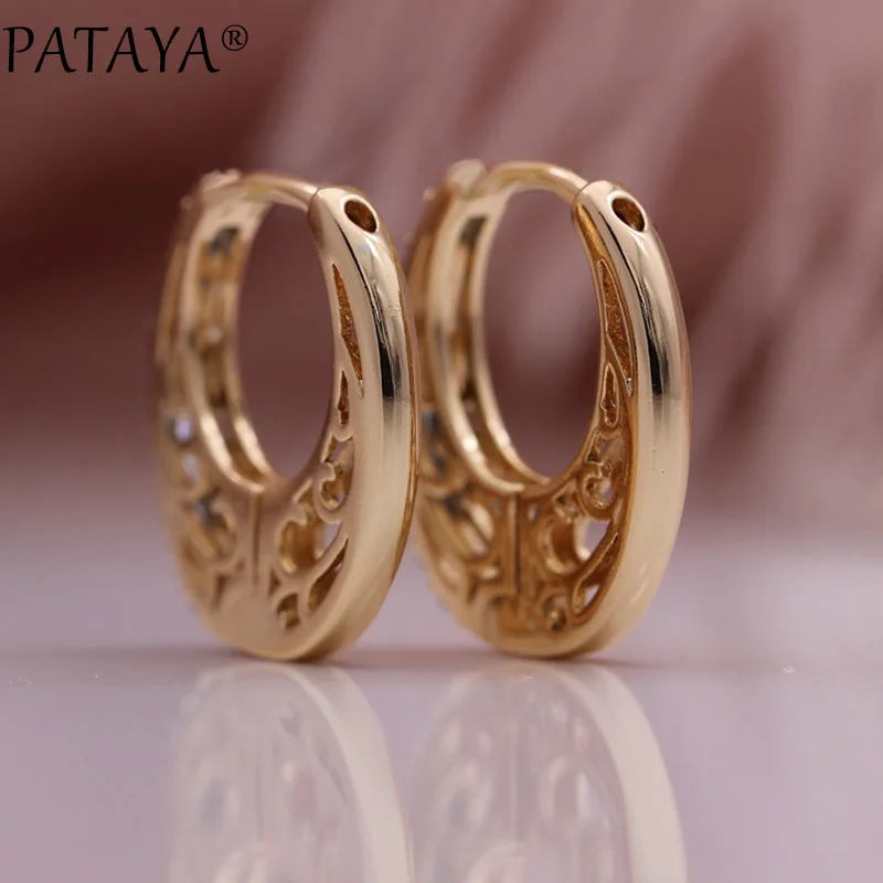 PATAYA New Hollow Circle Wedding Earrings 585 Rose Gold Color Natural Zircon Drop Earrings Women Party Fine Cute Fashion Jewelry