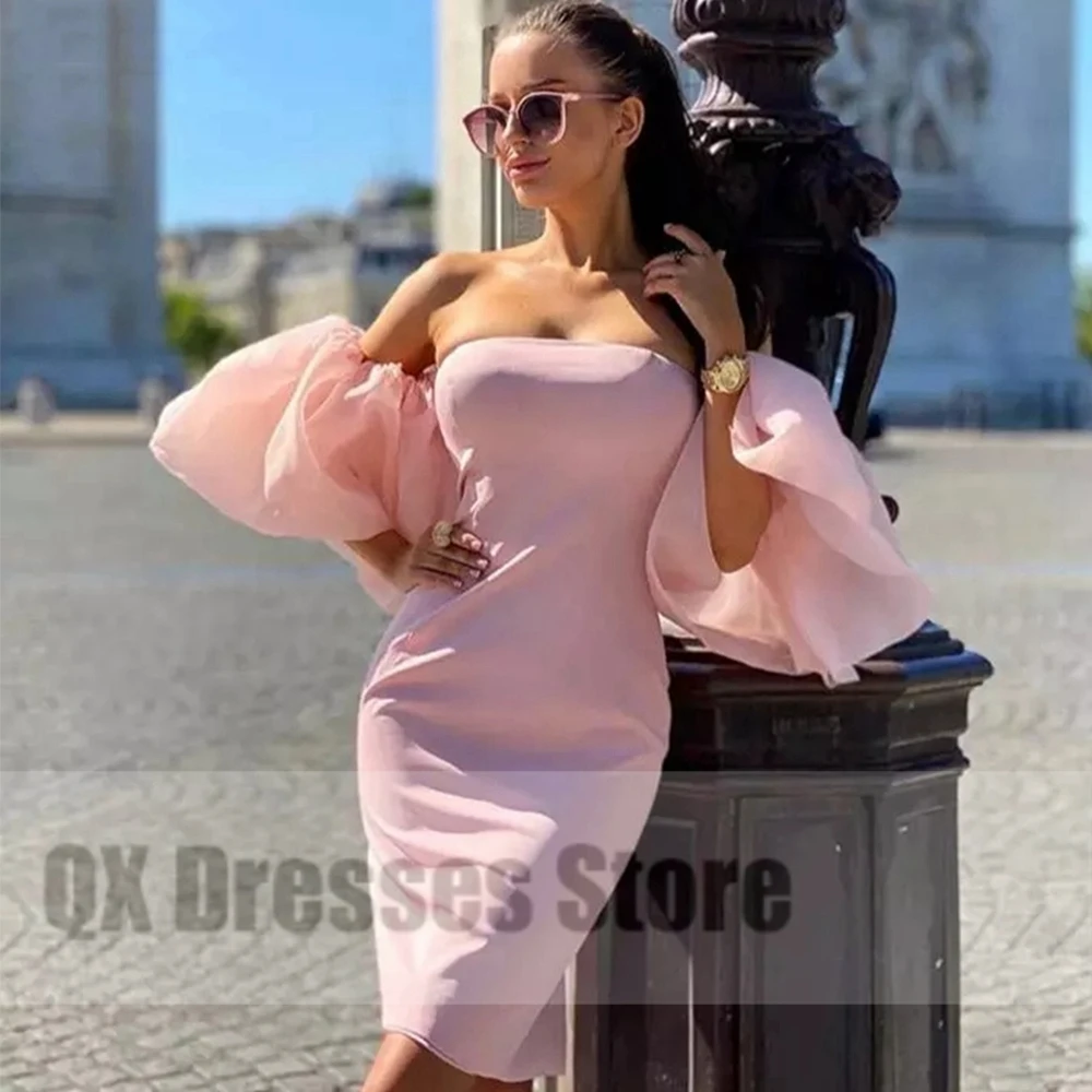 Customized Sexy Pink Strapless Tea Length Cocktail Gowns Off The Shoulder Pleated Mermaid Homecoming Party Dress For Woman 2022