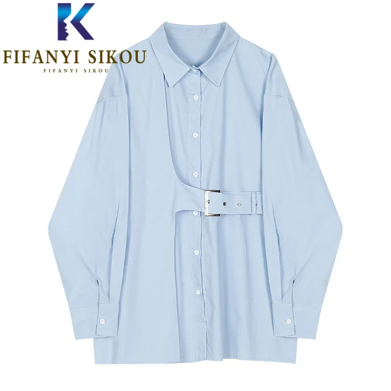 2021 New Spring Womens Tops and Blouses Lace Up Lapel Fashion Long Sleeve Shirt Female Loose Casual Light Blue Chic Shirts