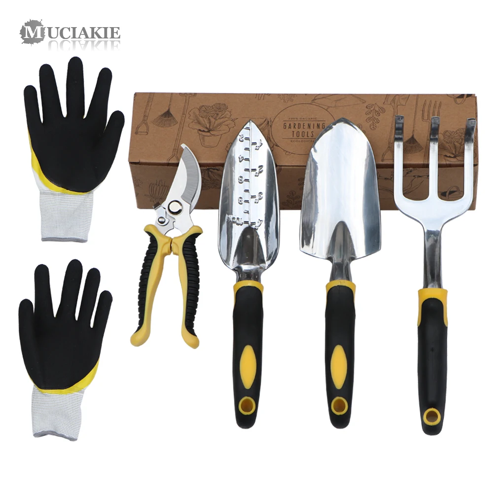 

MUCIAKIE Garden Tool Sets 5PCS Heavy Duty Hand Trowel Transplanter Trowel Cultivator Hand Rake Pruning Shears Gardening Gloves