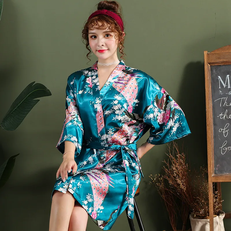 Chinese Red Women Bathrobe Sexy Loose Wedding Robe Casual Lounge Sleepwear Kimono Gown Print Peacock V-neck Mini Home Clothing