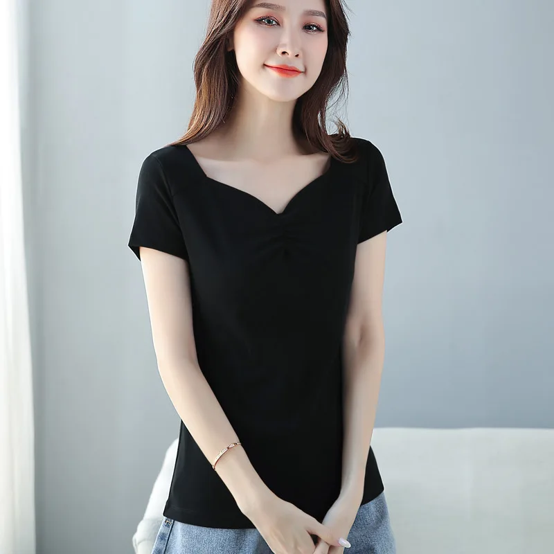 

Футболка женская с квадратным вырезом, мягкая хлопковая Однотонная рубашка с коротким рукавом, универсальная одежда, на лето