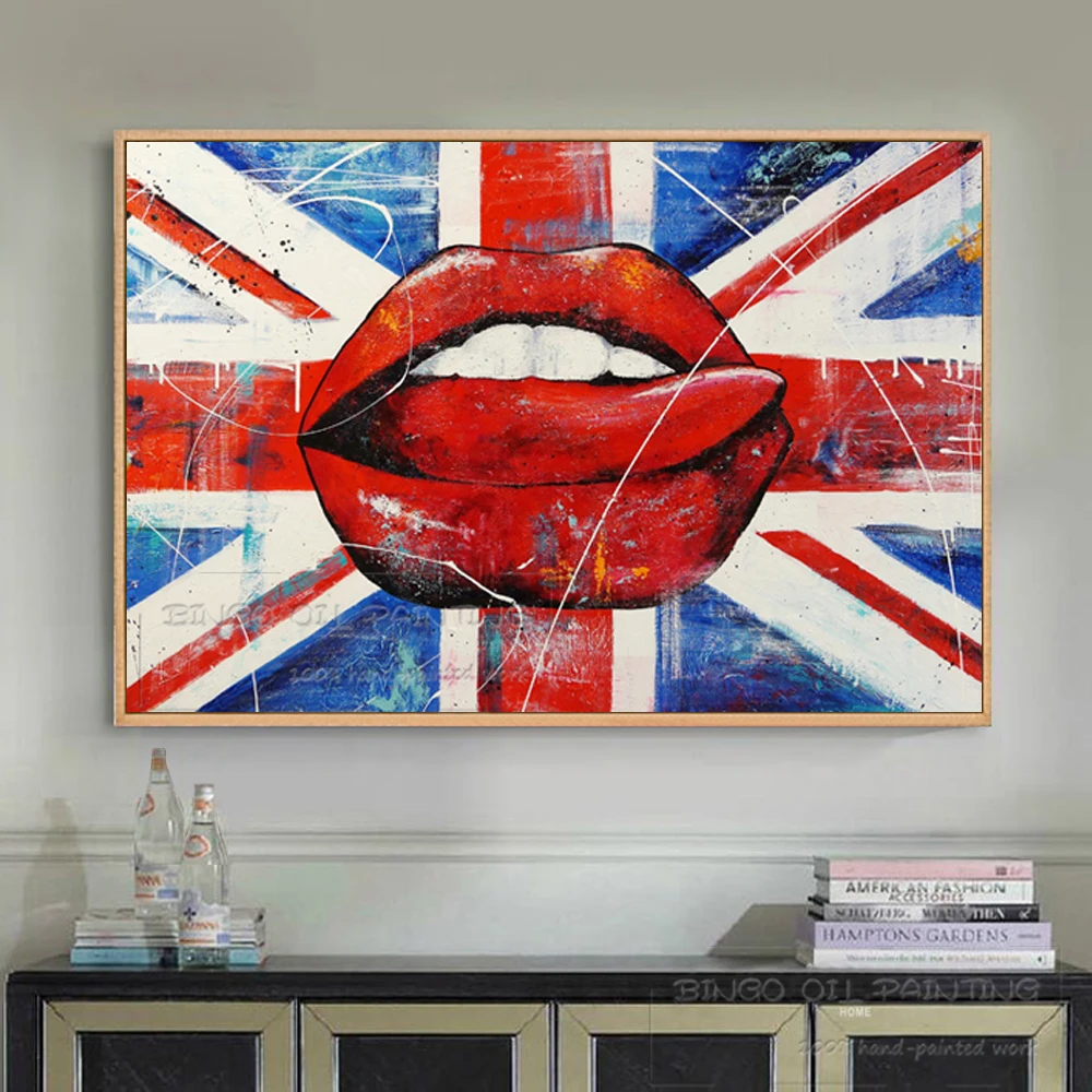 Hand-painted Special Wall Picture The UK Flag And Sexy Lips Oil Painting Special Art Design United Kingdom Flag Oil Painting