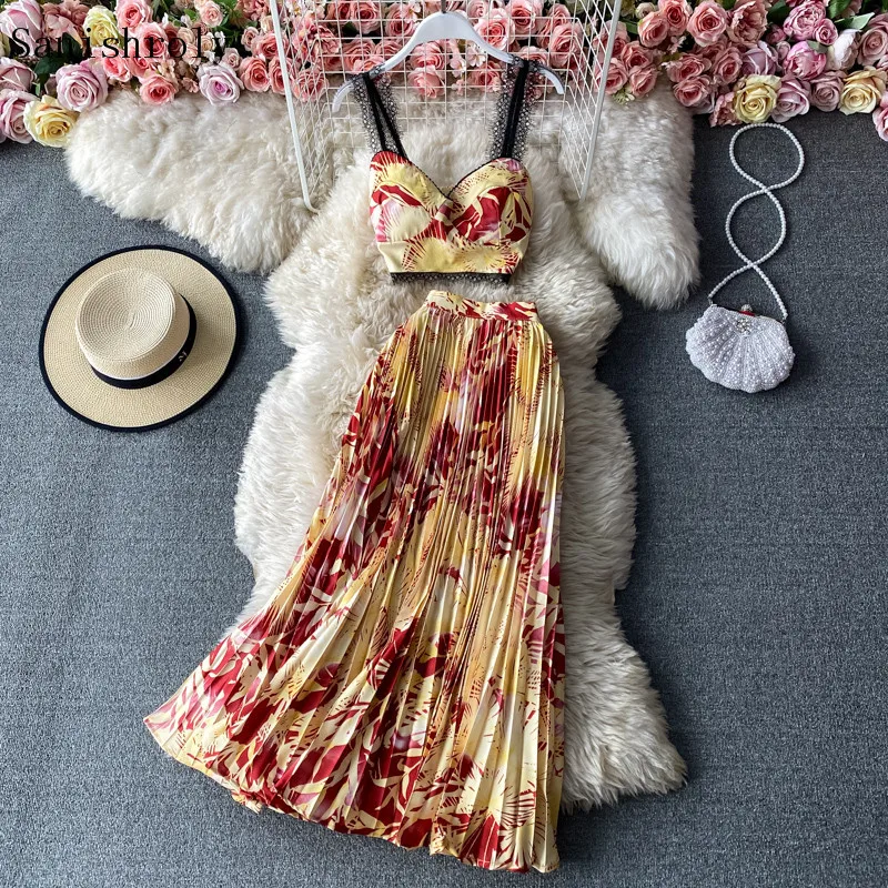 Two-pieces Set 2021 Seaside Holiday Women Floral Print Tank V-Neck Lace Patchwork Camis Large Hem Long Pleated Skirts Suits C137