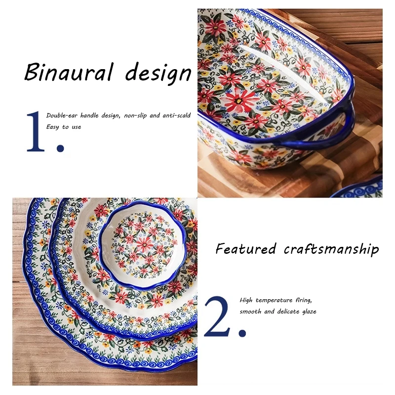 Ceramic Bakeware Bowls Polish Style Hand-painted Kitchen Tableware Salad Dessert Steak Pasta Plate Fruit Tray Decoration