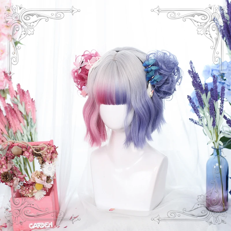 Short Wavy Female Bangs Lolita Wig Purple Pink Greyish Colorful Gradual Change Women Slight Curly Wigs Ball-Flower Cosplay Party