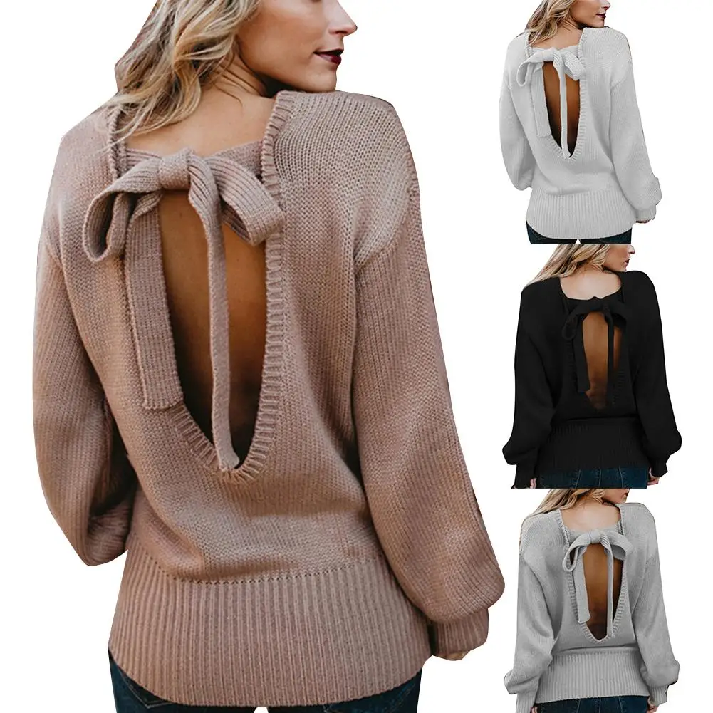 

2020 Fashion Women Autumn Solid Color O Neck Backless Back Bow Tie Knitwear Sweater Solid Color Pullover Women's Sweater Top