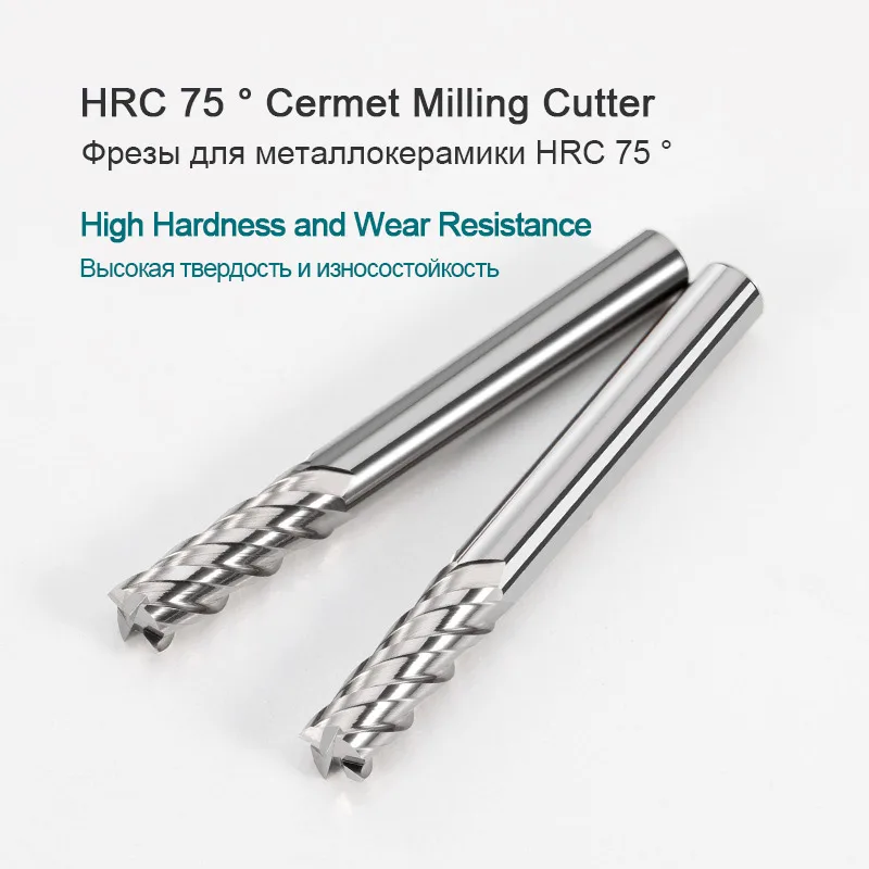 HRC 75 Solid Cermet End Mill for Stainless Steel Iron High-hardness Durable End Mills Metal Cutter 2/4 Flute CNC Milling Cutter