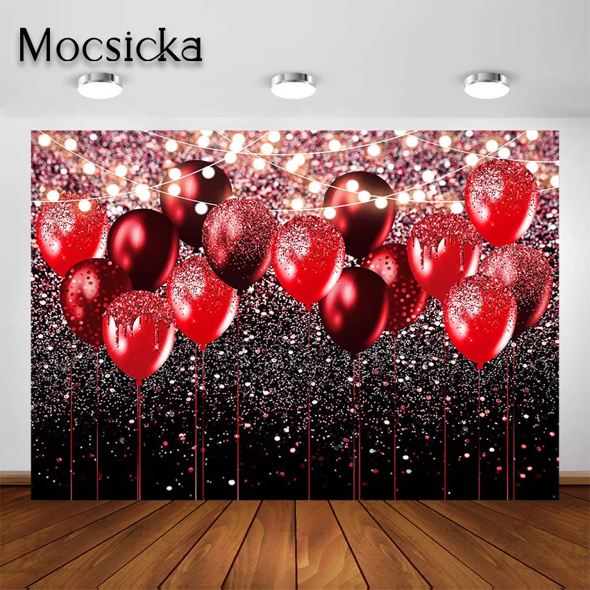 Mocsicka Glitter Black and Red Balloons Backdrop for Birthday Wedding Valentine's Day Background Portraits Photo Booth Backdrop