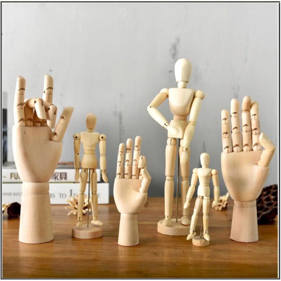 Wood Hand Wooden Man Figurines Rotatable Joint Hand Model Mannequin Artist Miniatures Wooden Decoration Home Decor