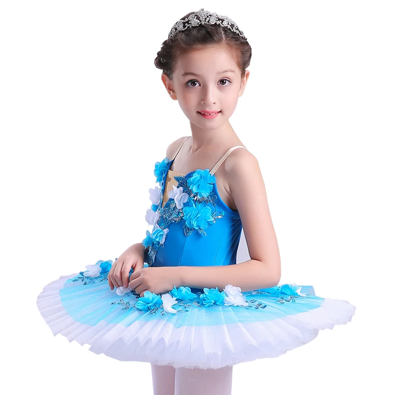 Tutú de Ballet de flores azules para niños, trajes de Ballet profesionales para niñas, vestido de bailarina de panqueques, ropa de actuación para niños