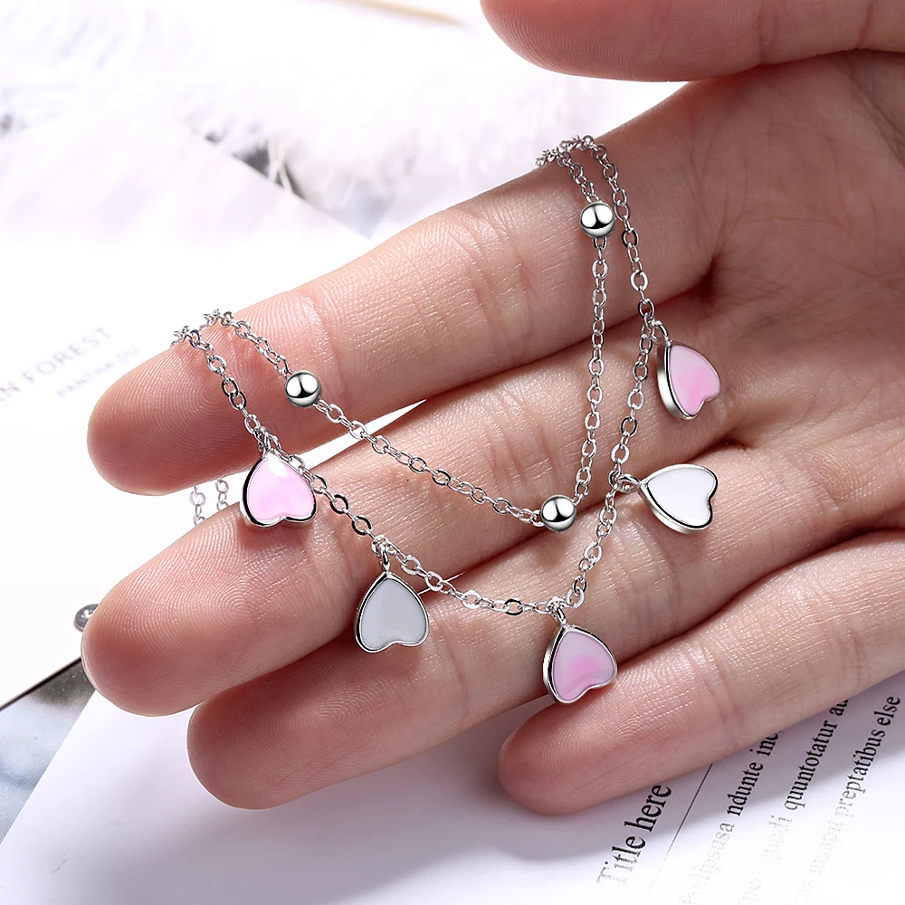 Sweet 925 Sterling Silver Pink Glaze Cherry Blossom Petals Gradient Heart Shaped Double Layer Chain Bracelets