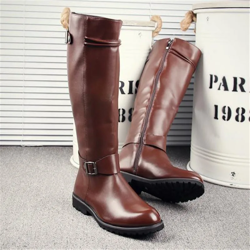 Leather Boots Fur High Top Casual Shoes Men Male Boots over the knee Botas Brand Motorcycle Boots