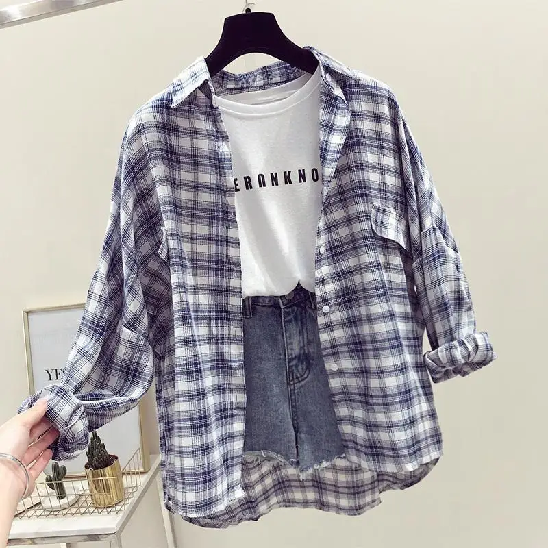 Plaid Shirt for Women Early Spring Loose Retro Blusas Ropa De Mujer