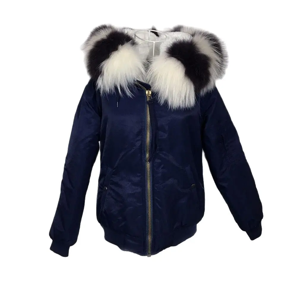 

Navy Bomber Black&White Real Raccoon Fur Hoodies Solid Color Lined Windproof Fligh Jacket Casual Fur Wear