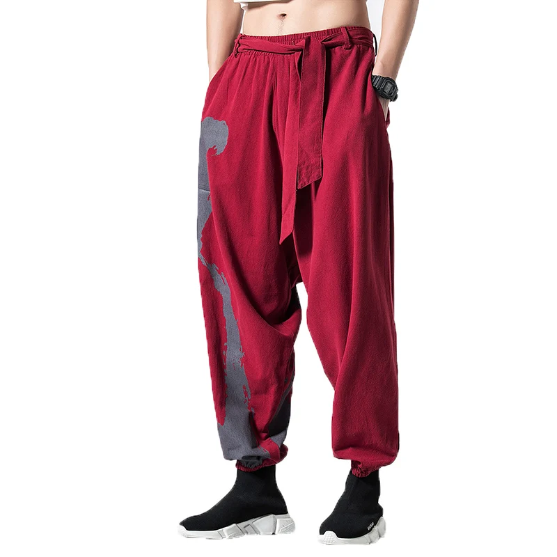 

Spring Men Linen cotton pants Chinese style Wide Leg Trousers Mens Bloomers Jogger Pantalon Homme hip hop streetwear Cross-pants