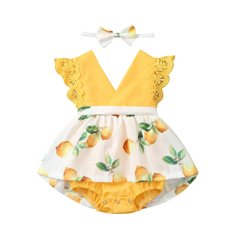 Baby Lemon Print Clothes Set, Sleeveless V-neck Jumpsuit with Ruffles + Bow-knot Headband