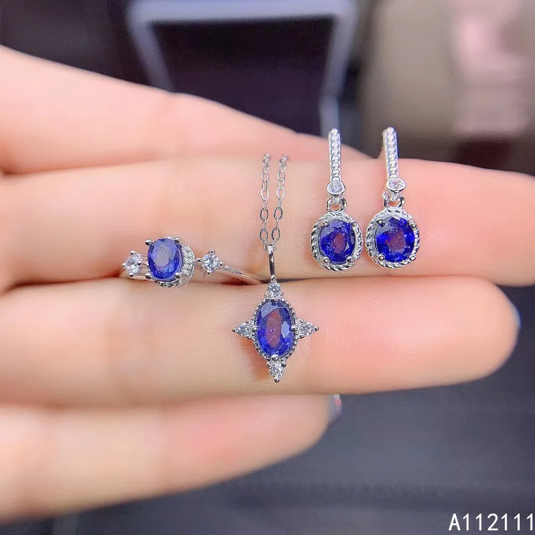 

Fine Jewelry 925 Pure Silver Inset With Natural Gem Women's Luxury Elegant Oval Sapphire Pendant Ring Earring Set Support Detect