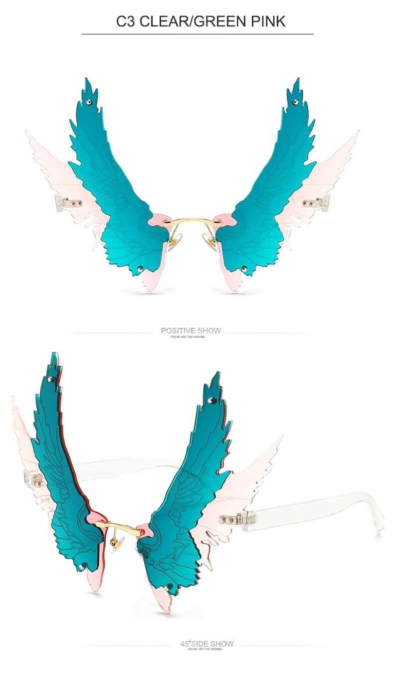 OEC-MANAGEMENT CPO Einzigartige Flügel Randlose Sonnenbrille Frauen Mode Großen Rahmen Steampunk Sonnenbrille Weibliche Rahmenlose Bunte Party Gläser Männer – Detail 8