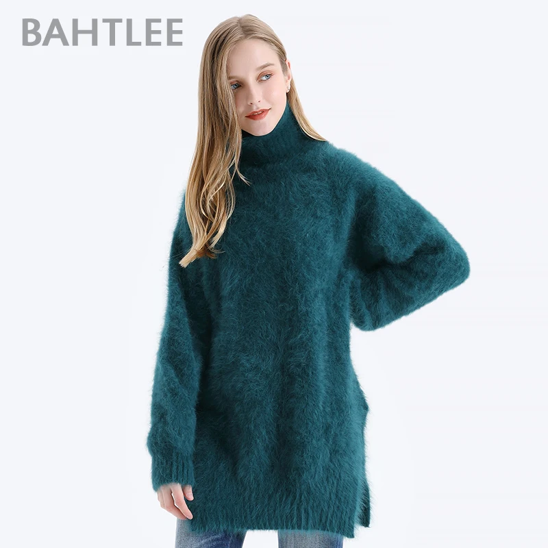 BAHTLEE-Women\'s Angora Pullovers, Wool Knitted Jumper, Long Sleeves, Turtleneck, Loose Style, Autumn, Winter