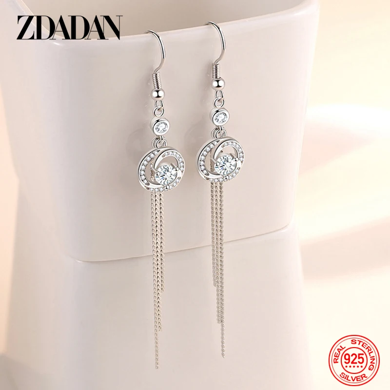 ZDADAN 925 Sterling Silver Round Zircon Long Tassel Dangle Earrings For Women Charm Jewelry