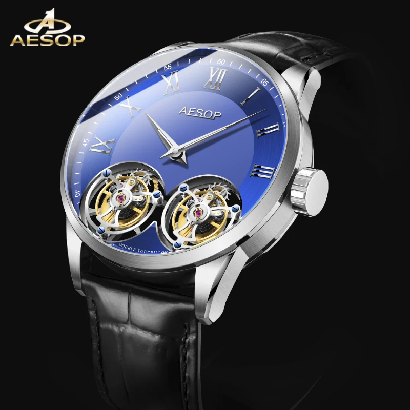 AESOP Double Tourbillon Movement Men's Mechanical Watches Male Skeleton Watch for Men Man Luxury Clocks Luxury Dropshipping