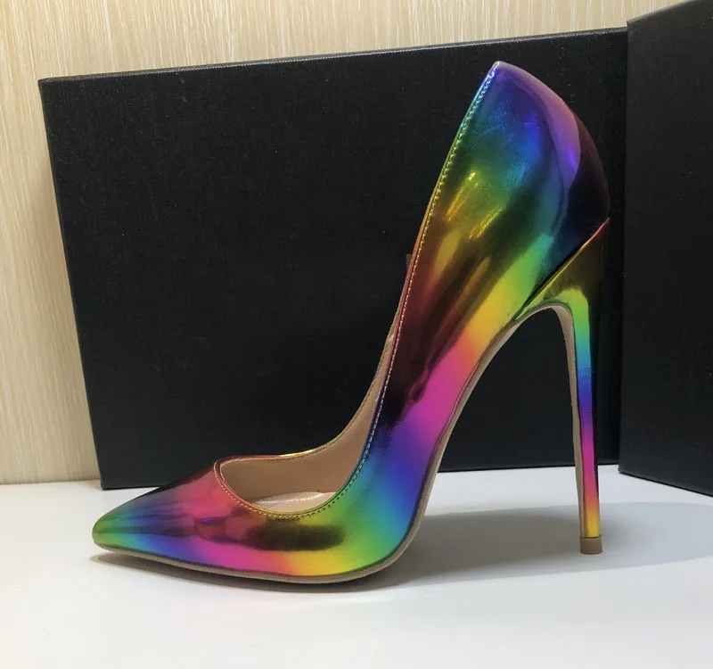 

Colorful Rainbow Printed Skin Woman Fashion Sandals Thin High Heels Pointy Pumps Shallow Shiny Summer Sexy Dressing Stilettos