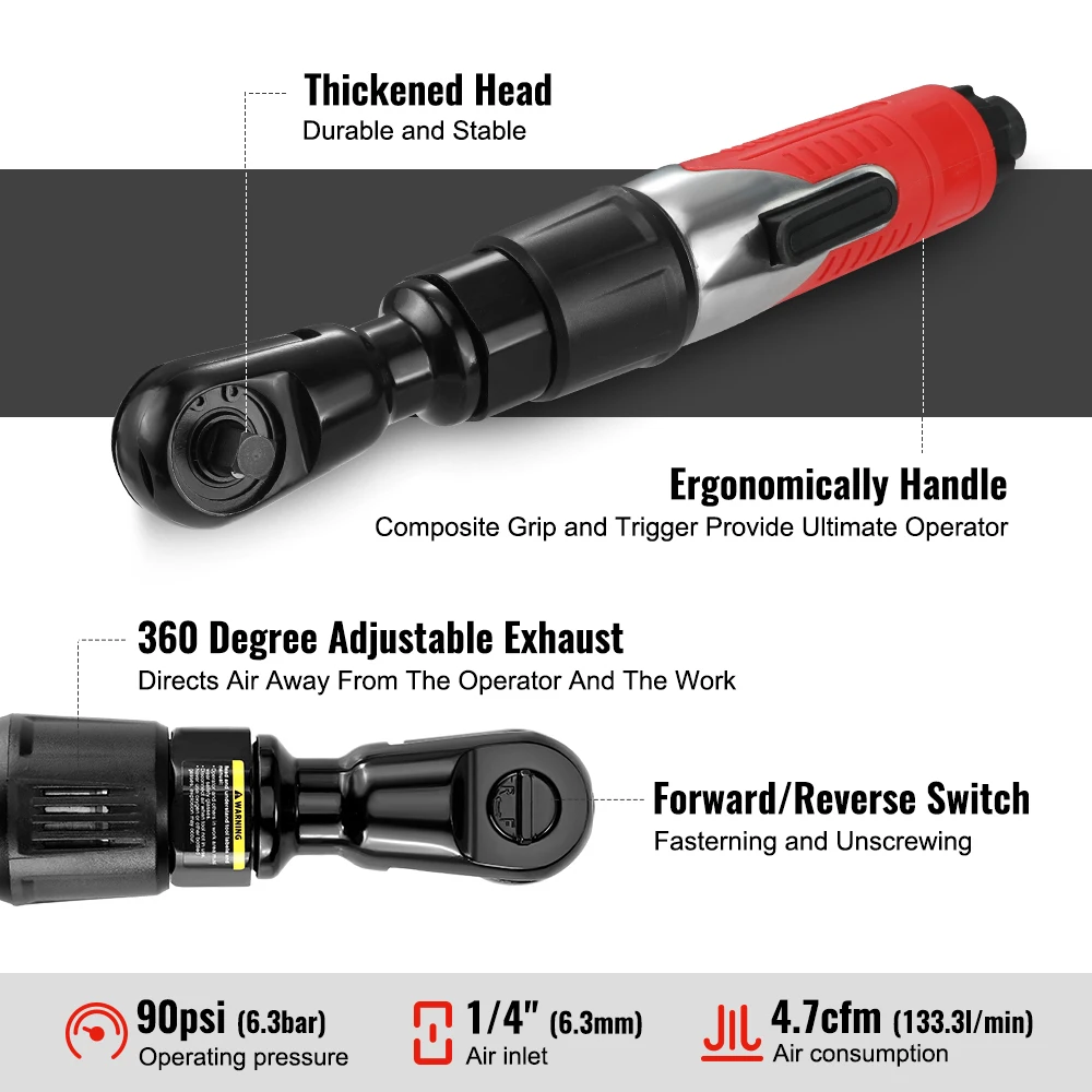 WORKPRO Air Ratchet Wrench 3/8-Inch Pneumatic Ratchet Wrench 68N.m Max Torque Output 360 Degree Adjustable Exhaust
