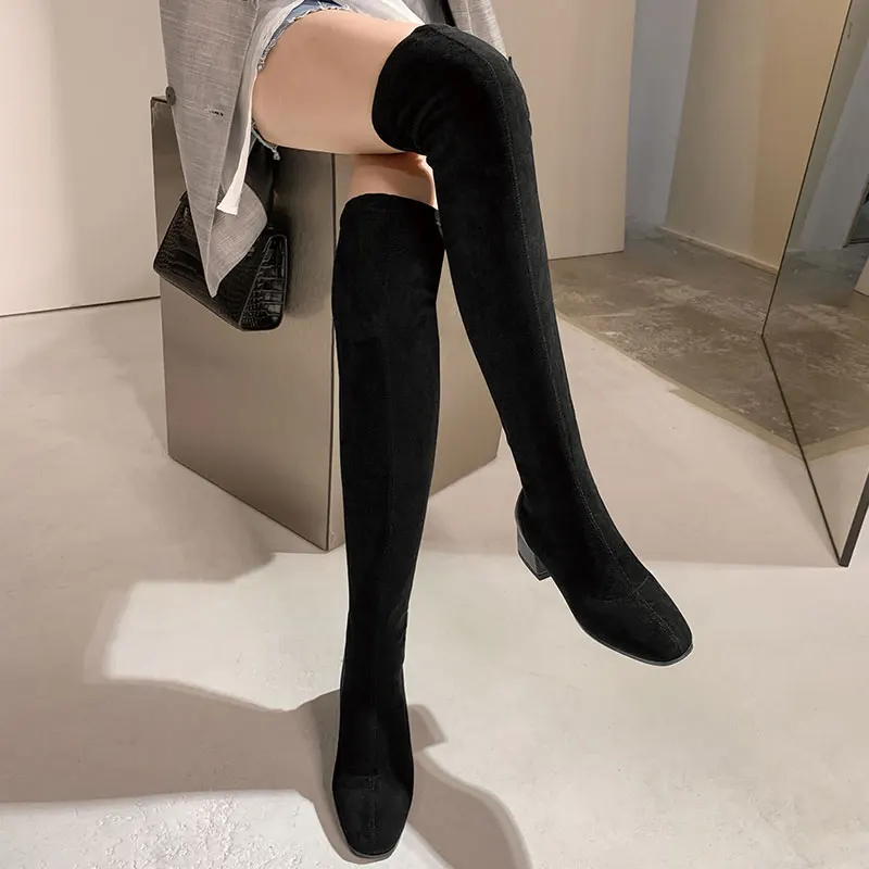 Lasyarrow Fashion Faux Suede Thigh High Boots Women 2020 Autumn Winter Shoes Square Med Heels Over The Knee Riding Boots