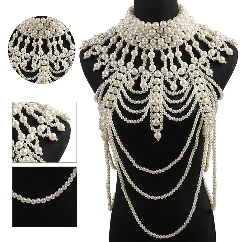 Women Imitation Pearl Beaded Body Chain Shawl Handmade Jewelry Bib Necklace Collar Vintage Luxurious Layered Costume