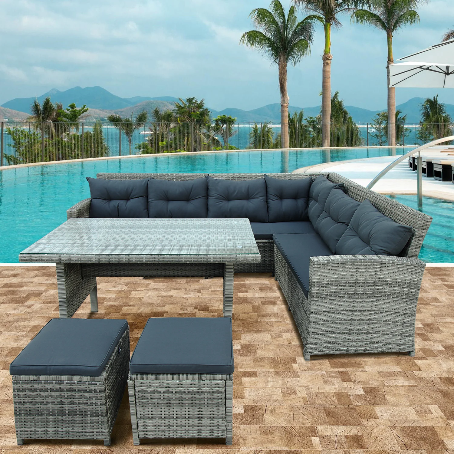 6-Piece Patio Furniture Set Outdoor Sectional Sofa with Glass Table Ottomans for Pool Backyard Lawn Gray/Black[US-Stock]