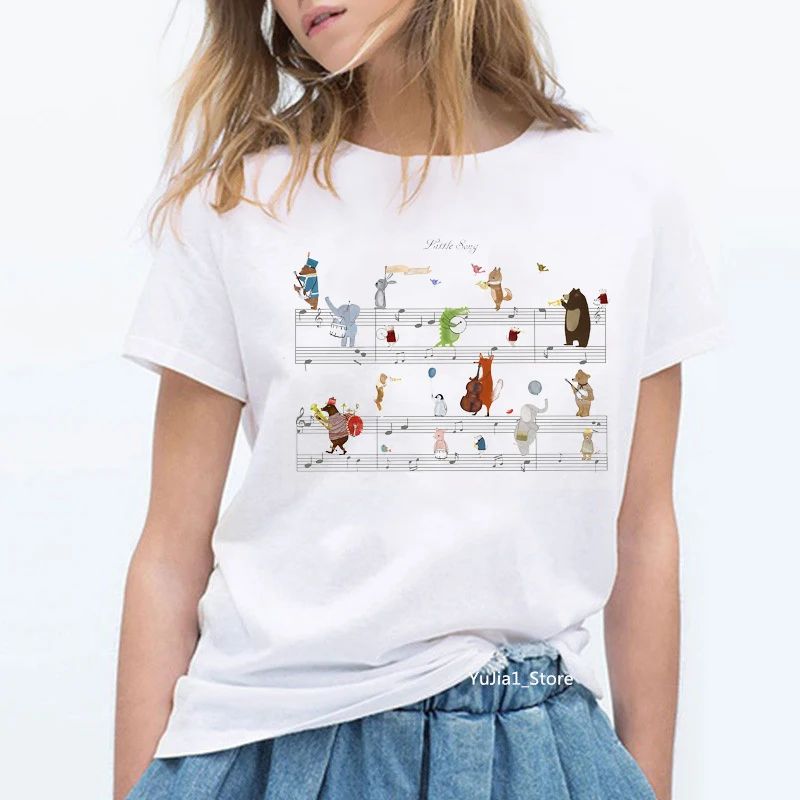 Musical Note Zoo Animals Print Harajuku Kawaii Tshirt Cute Summer Top Woman Clothes Funnny T Shirts White Lovely Graphic Tees