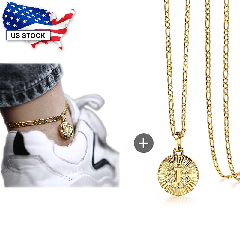 Gold Color Initial Letter Round Pendant Necklace Anklet Sets Figaro Stainless Steel Link Chain Jewelry Sets Gift LGP418KA11