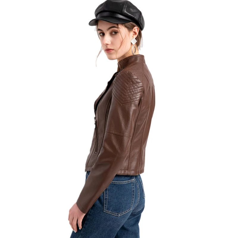 Brown Short Long Sleeve PU Coat Women Fashion Motorcycle Women Leather Jacket Spring and Autumn New Lady\'s Jaqueta