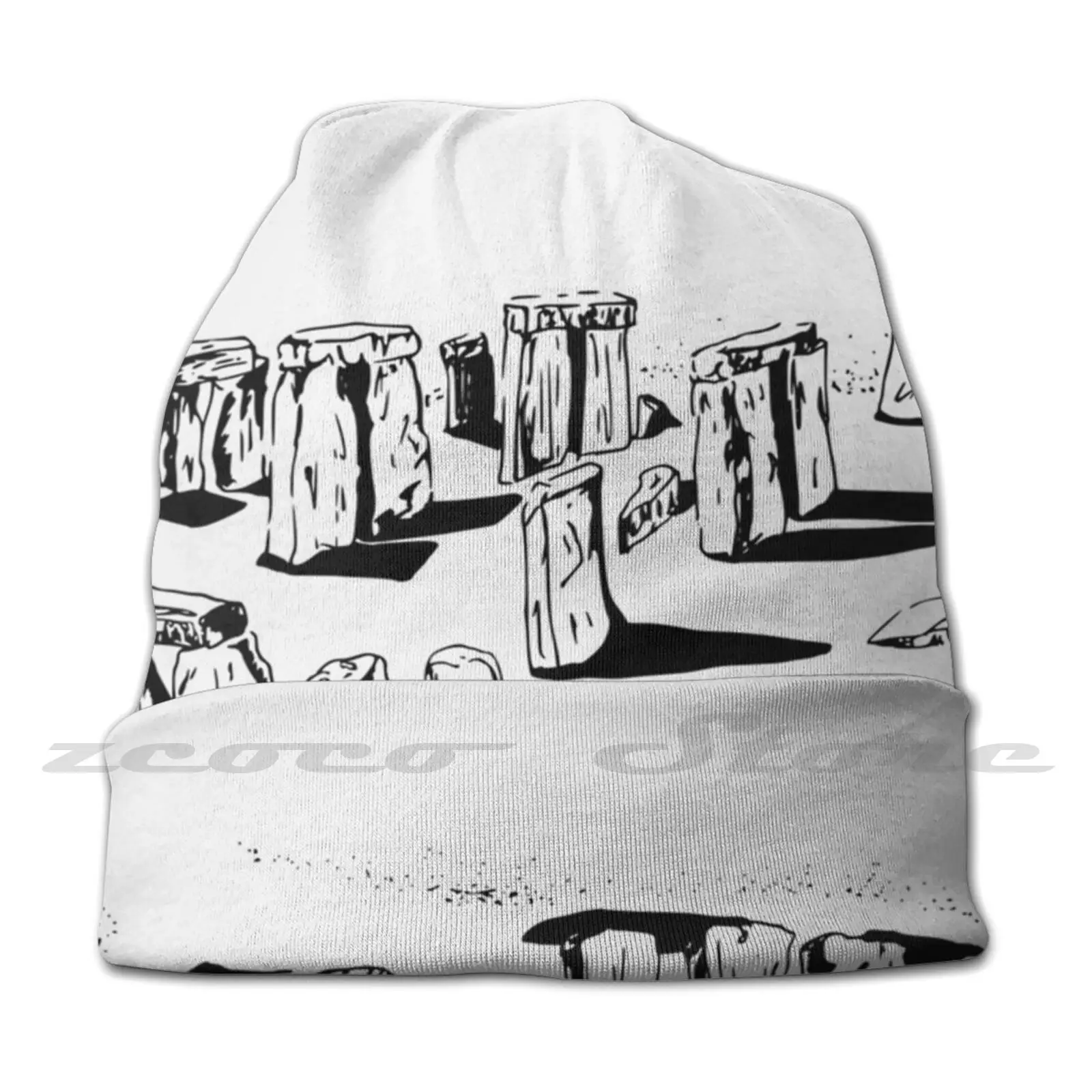 Stonehenge In Black And White Diy Pullover Cap Knit Hat Plus Size Keep Warm Elastic Soft Stonehenge Black And White