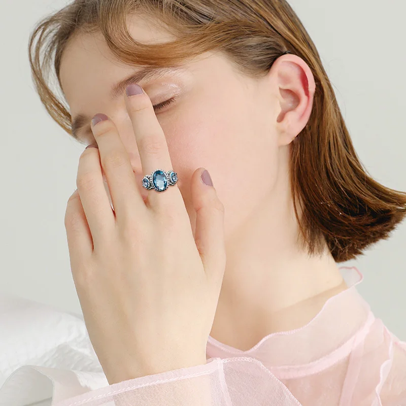 Aquamarine Men Rings Sterling Silver 925 Gemstone Vintage Rings For women Fine Oval Shape Prong Setting Anillo Hombre At A Loss — zdjęcie 7
