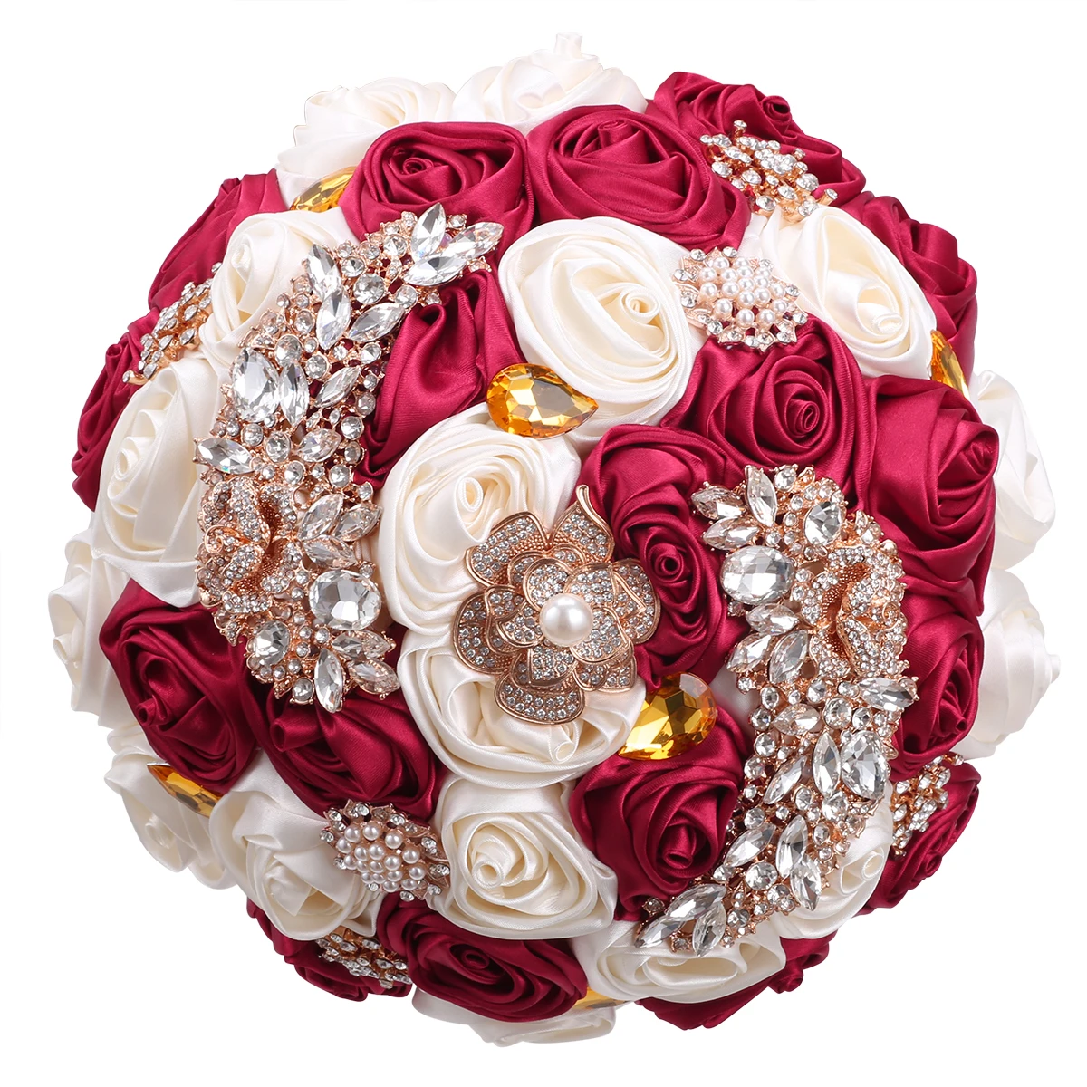 WifeLai-A Elegant Dark Red Bridal Wedding Bouquets Shining Crystal Brooch Holding Wedding Bouquets W375G