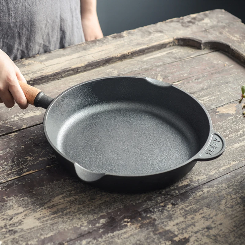 Cast Iron Durable Nonstick Frying Pan Wood Handle Steak Egg Pancake Cooking Pots Panelas Gas Induction Cooker Kitchen Cookware