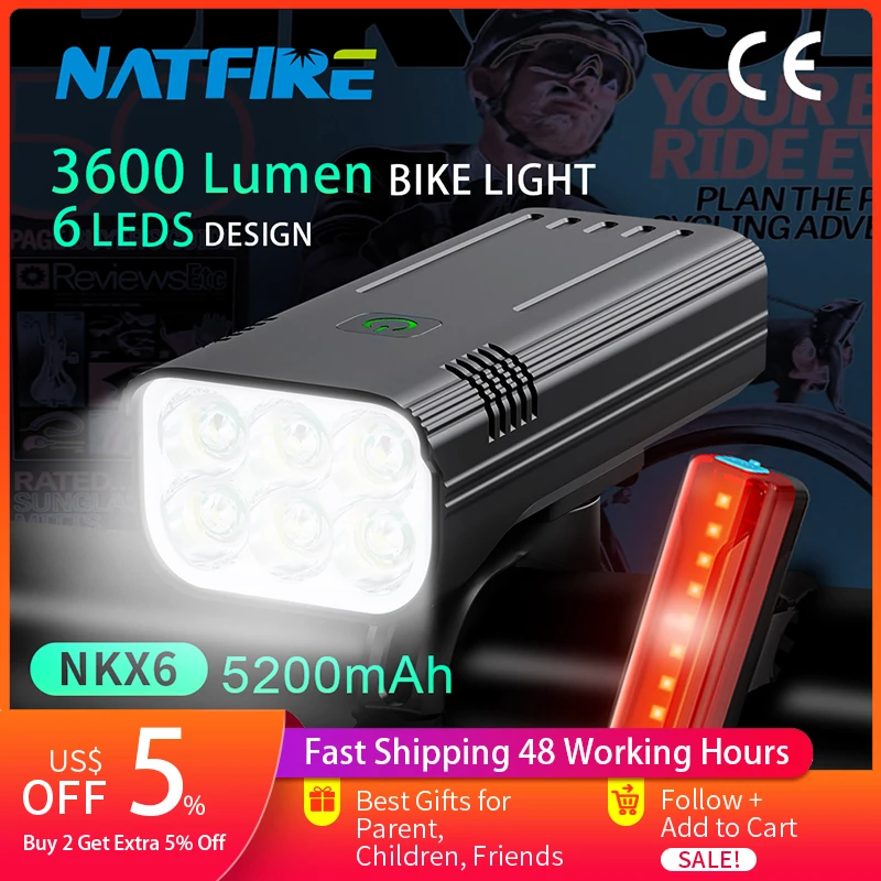 NATFIRE 6 LED Bike Light 3600 Lumen Akumulatorowa latarka rowerowa przednia i tylna do jazdy na rowerze szosowym MTB na świeżym powietrzu