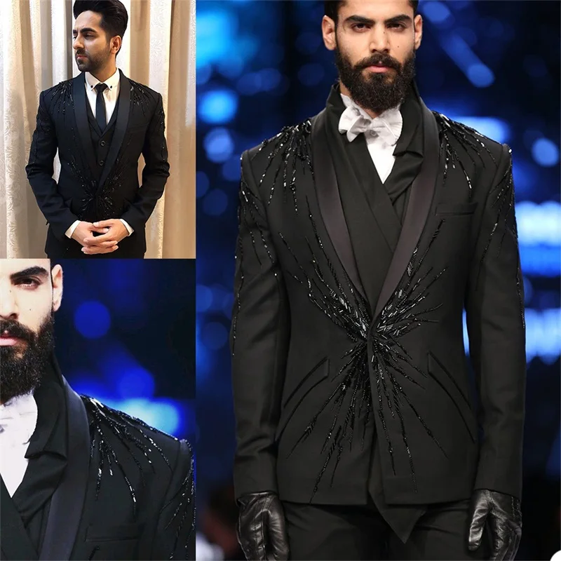 

Luxury Two Pieces Men Suits Beads Men Suits One Button Wedding Tuxedos Peaked Lapel Blazer Business Custom Made Costumes Hommes