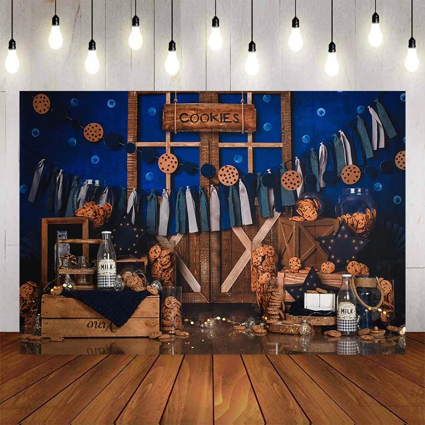 Mehofond Bánh Sữa Nền Chụp Ảnh Cửa Gỗ Xanh Dương Phông Nền Trẻ Em Sinh Nhật Photocall Studio Chụp Ảnh